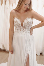 White Sweetheart Long Lace Boho Wedding Dress with Slit - Curvevia