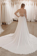 White Sweetheart Long Lace Boho Wedding Dress with Slit - Curvevia