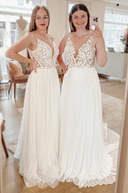 Simple White A-Line Boho Long Chiffon Wedding Dress with Lace Appliques - Curvevia