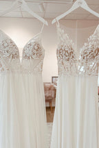 Simple White A-Line Boho Long Chiffon Wedding Dress with Lace Appliques - Curvevia