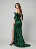 Emerald Satin Trumpet Off-the-Shoulder Backless Floor-Length Bridesmaid Dress with Bow - Curvevia