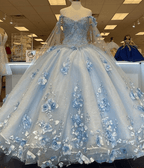 Sky Blue 3D Appliques Off The Shoulder Ball Gown Quinceanera Dresses - Curvevia