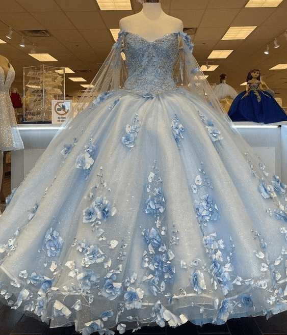 Sky Blue 3D Appliques Off The Shoulder Ball Gown Quinceanera Dresses - Curvevia