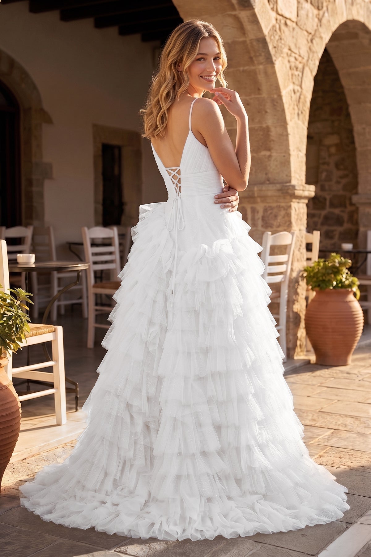 A-Line Spaghetti Straps Tiered Tulle Wedding Guest Dress - Curvevia