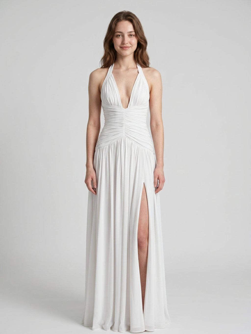 White Chiffon A-Line Halter Criss-Cross Floor-Length Bridesmaid Dress with Pleats - Curvevia