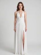 White Chiffon A-Line Halter Criss-Cross Floor-Length Bridesmaid Dress with Pleats - Curvevia