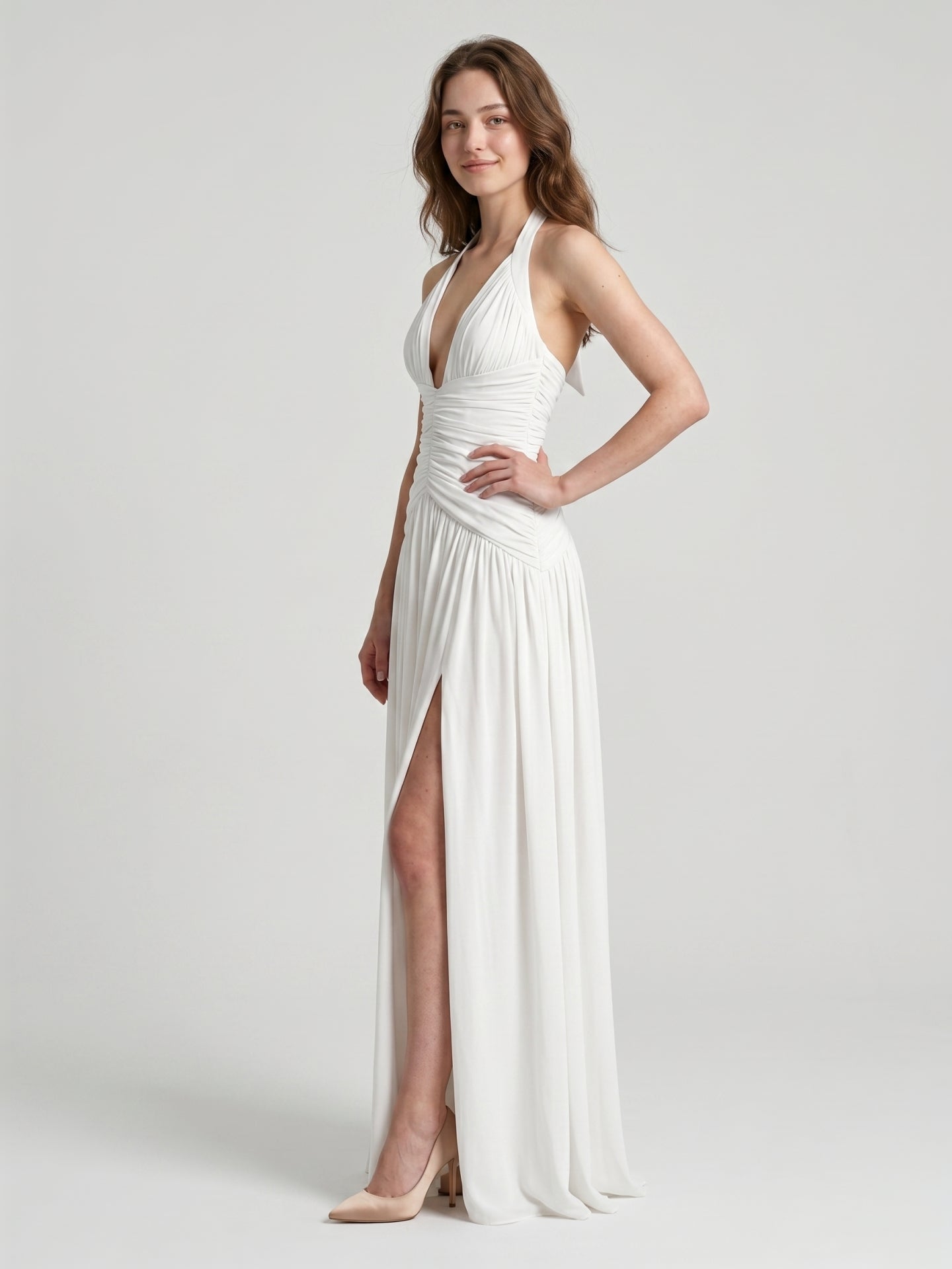 White Chiffon A-Line Halter Criss-Cross Floor-Length Bridesmaid Dress with Pleats - Curvevia