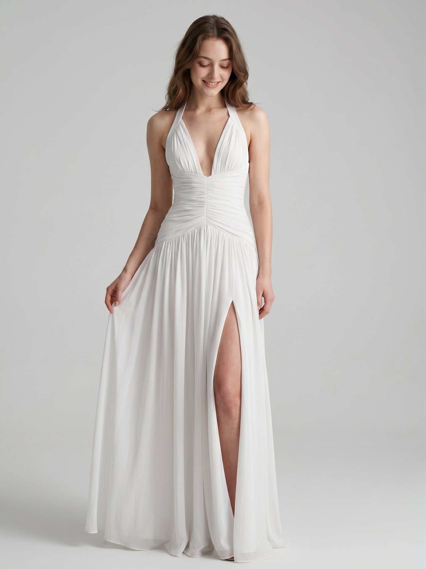 White Chiffon A-Line Halter Criss-Cross Floor-Length Bridesmaid Dress with Pleats - Curvevia
