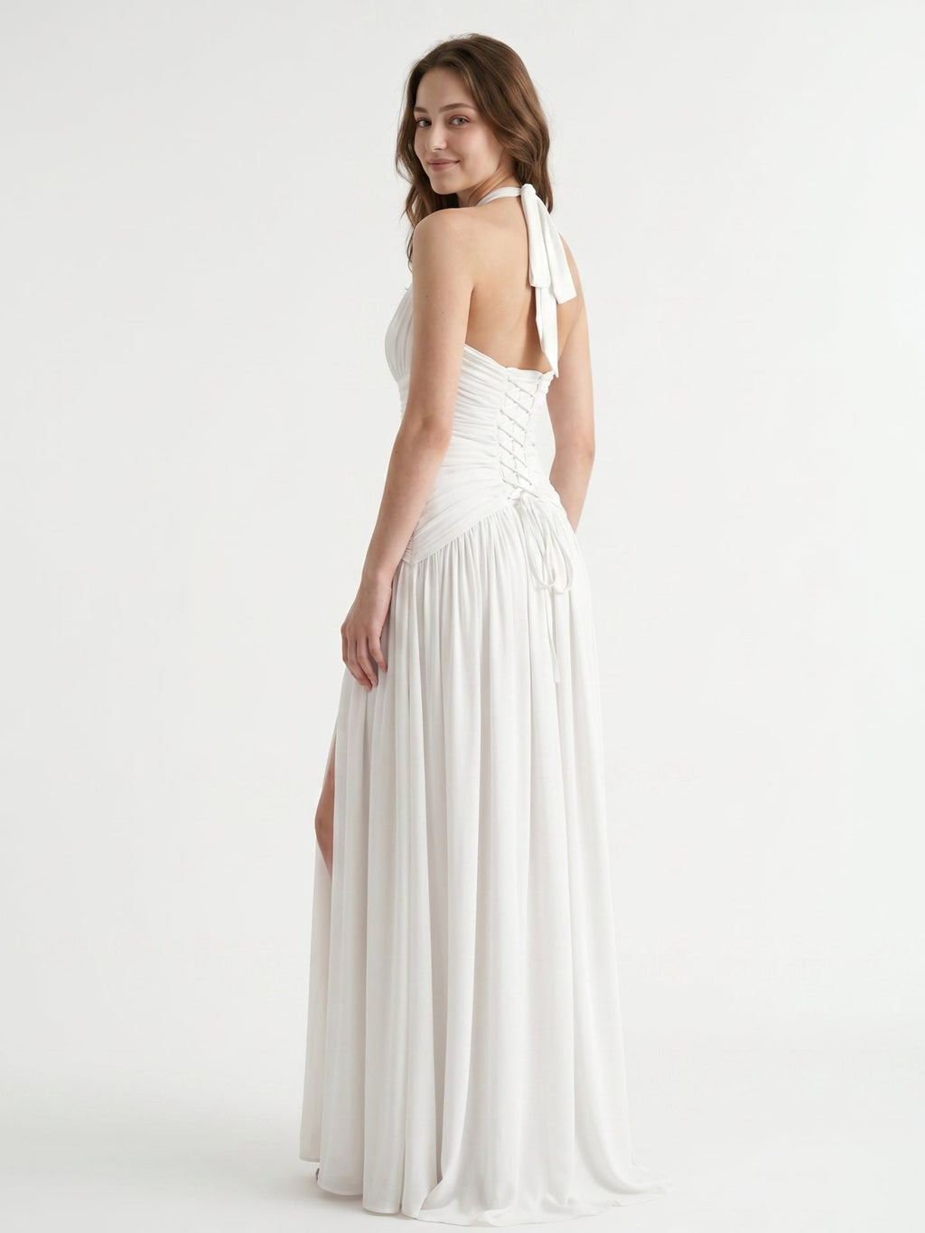 White Chiffon A-Line Halter Criss-Cross Floor-Length Bridesmaid Dress with Pleats - Curvevia