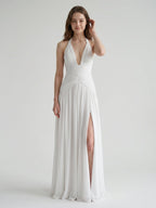 White Chiffon A-Line Halter Criss-Cross Floor-Length Bridesmaid Dress with Pleats - Curvevia