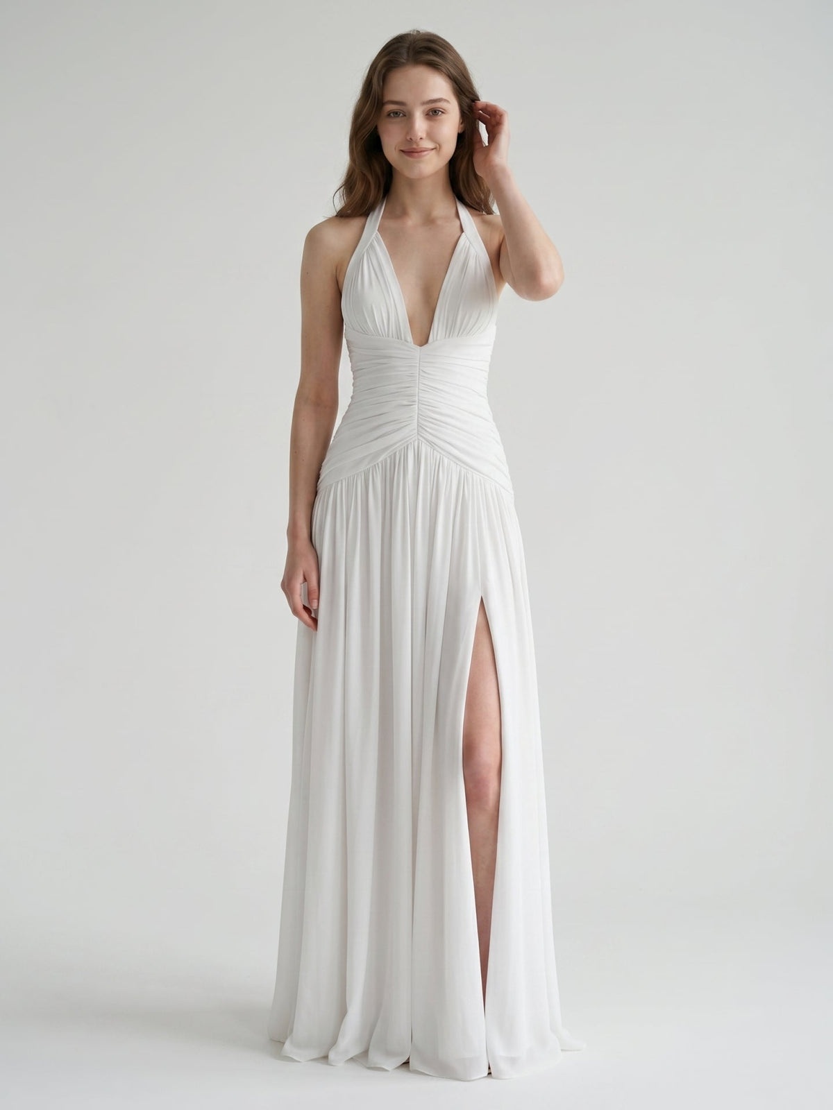 White Chiffon A-Line Halter Criss-Cross Floor-Length Bridesmaid Dress with Pleats - Curvevia