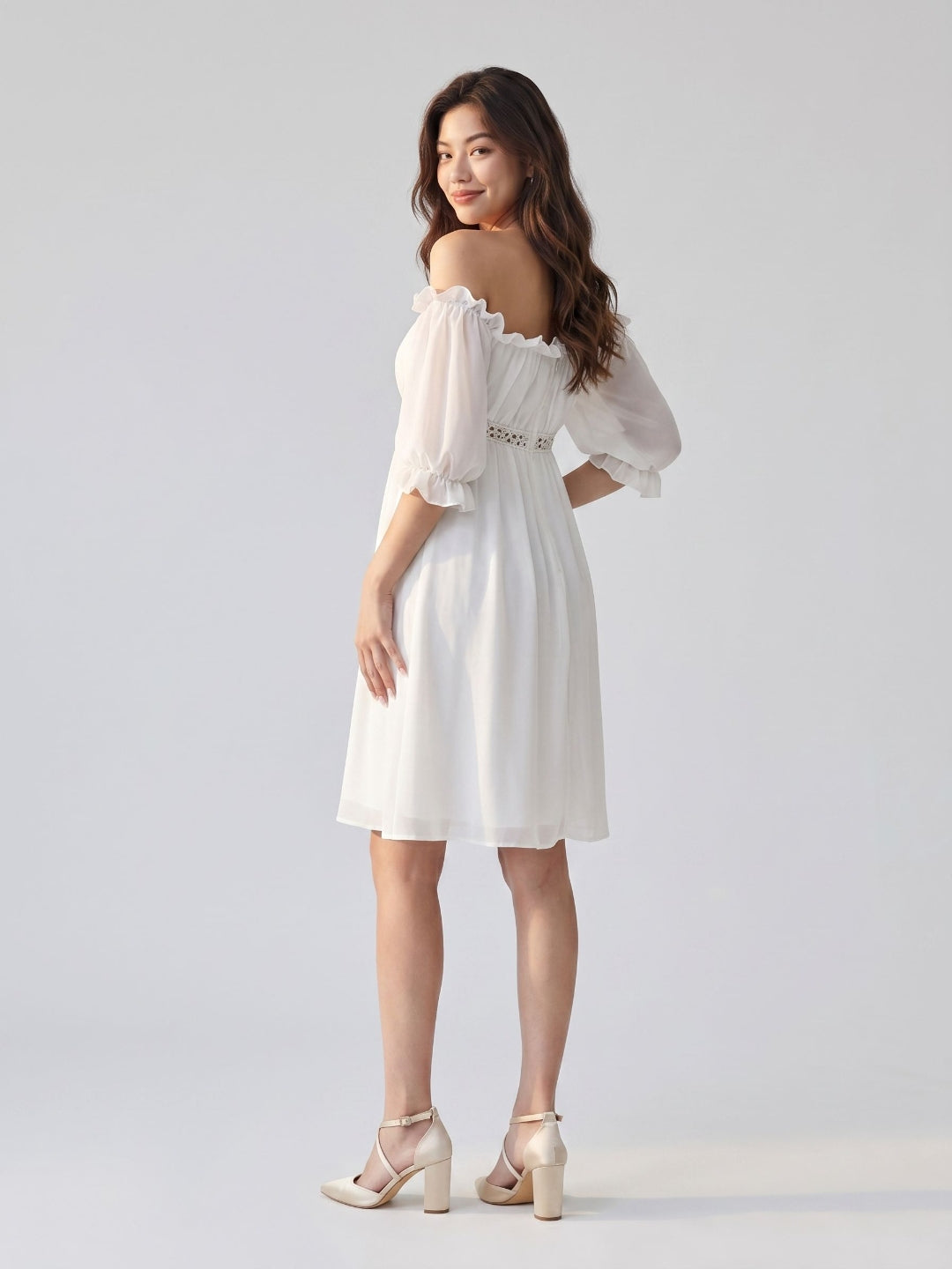 White Chiffon A-Line Off-the-Shoulder Backless Mini Homecoming Dress with Ruffles - Curvevia