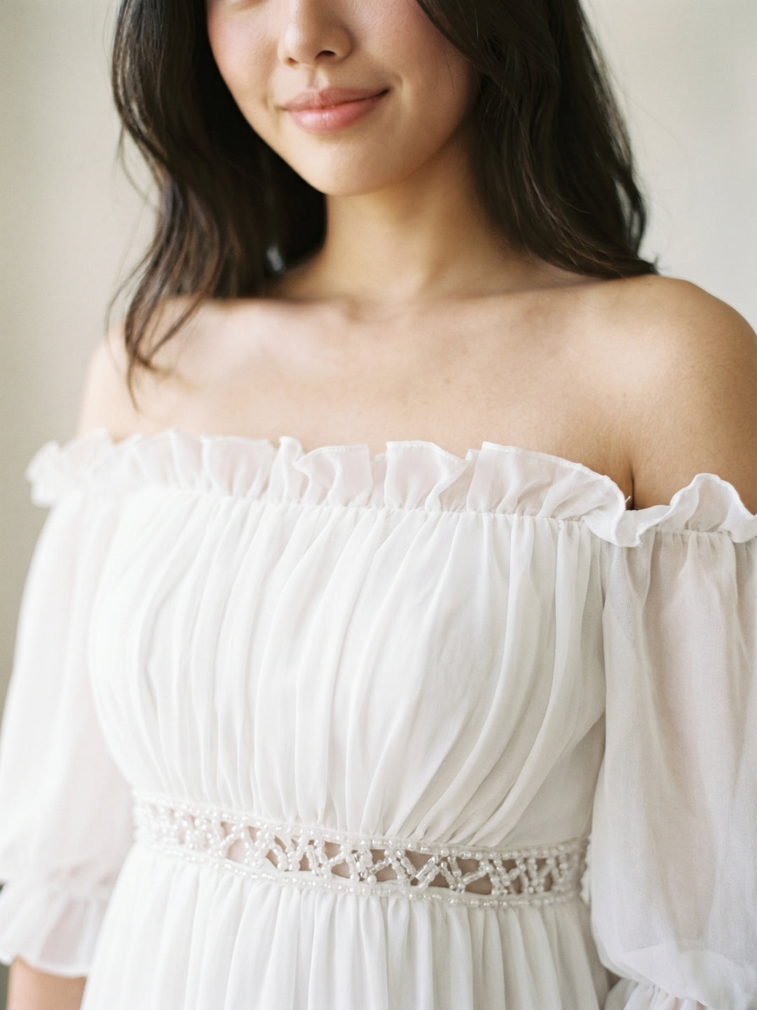 White Chiffon A-Line Off-the-Shoulder Backless Mini Homecoming Dress with Ruffles - Curvevia