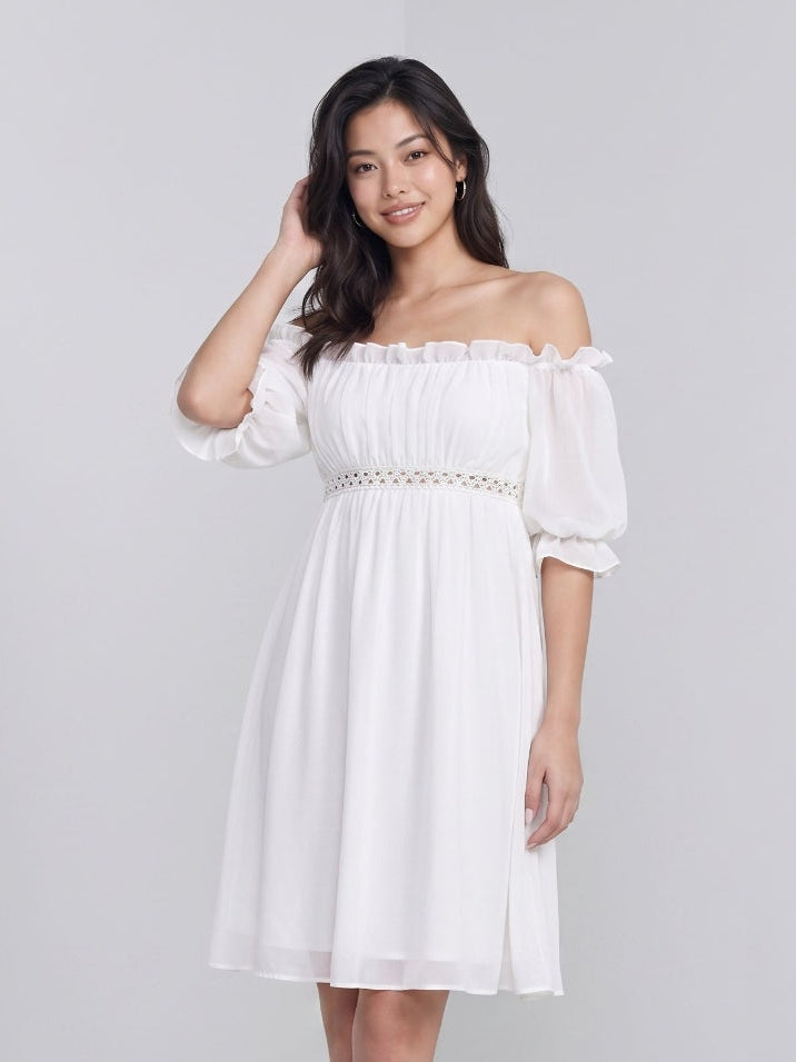White Chiffon A-Line Off-the-Shoulder Backless Mini Homecoming Dress with Ruffles - Curvevia