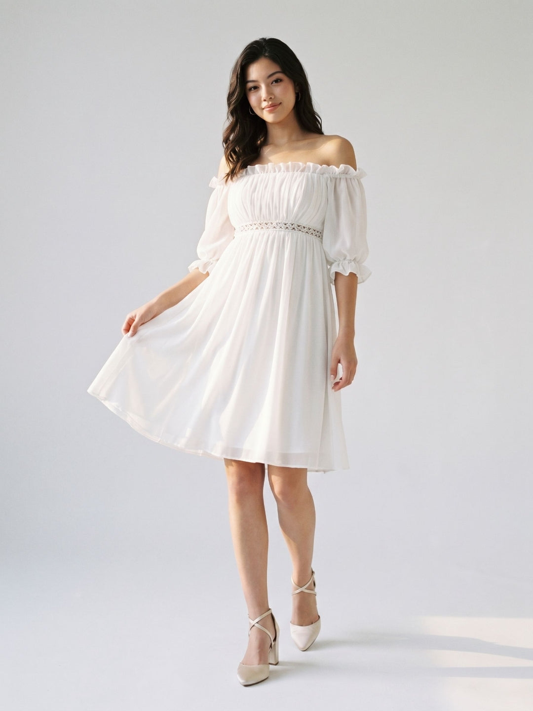 White Chiffon A-Line Off-the-Shoulder Backless Mini Homecoming Dress with Ruffles - Curvevia