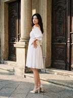 White Chiffon A-Line Off-the-Shoulder Backless Mini Homecoming Dress with Ruffles - Curvevia