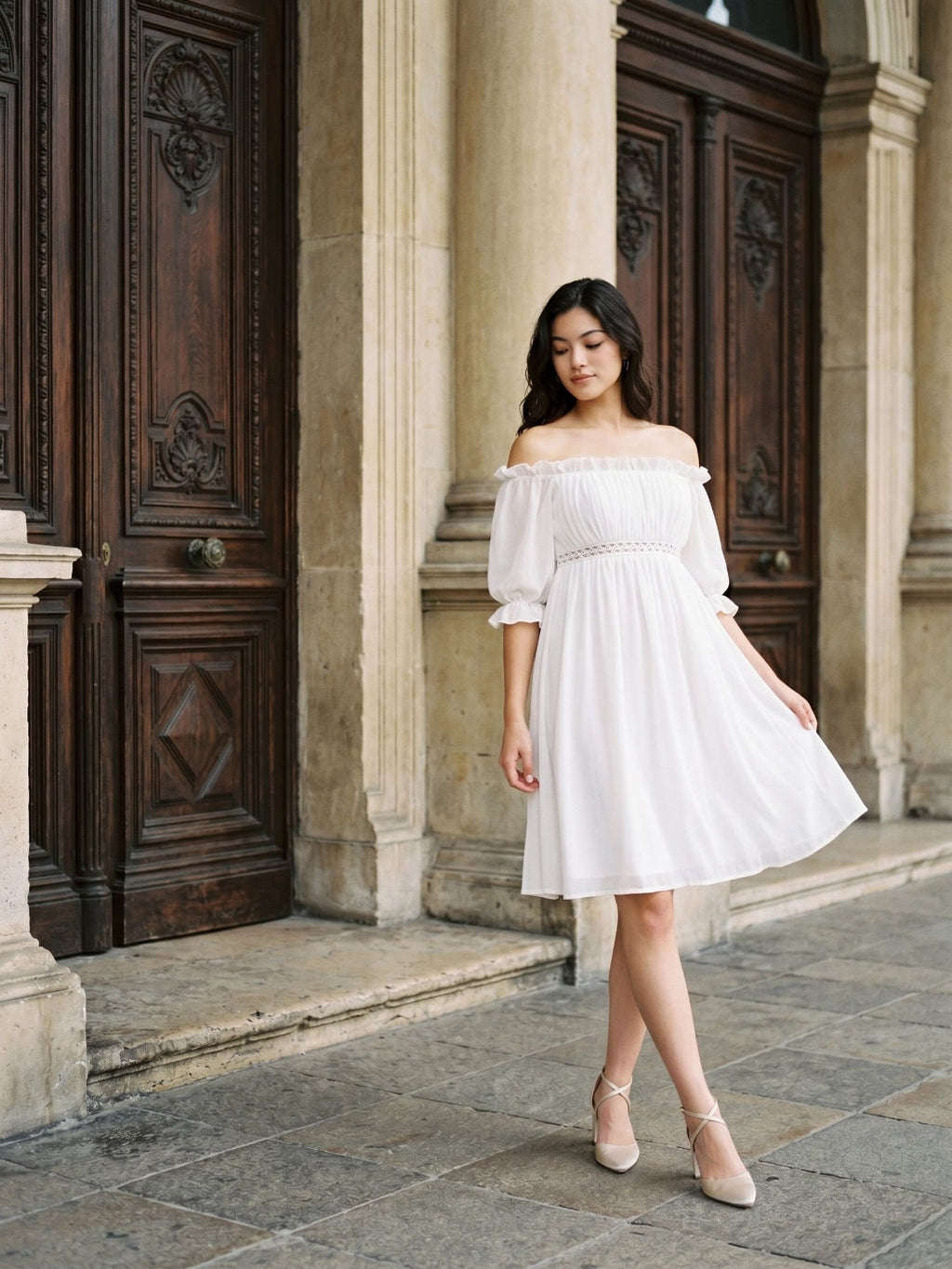 White Chiffon A-Line Off-the-Shoulder Backless Mini Homecoming Dress with Ruffles - Curvevia