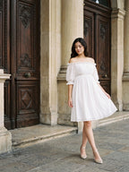White Chiffon A-Line Off-the-Shoulder Backless Mini Homecoming Dress with Ruffles - Curvevia