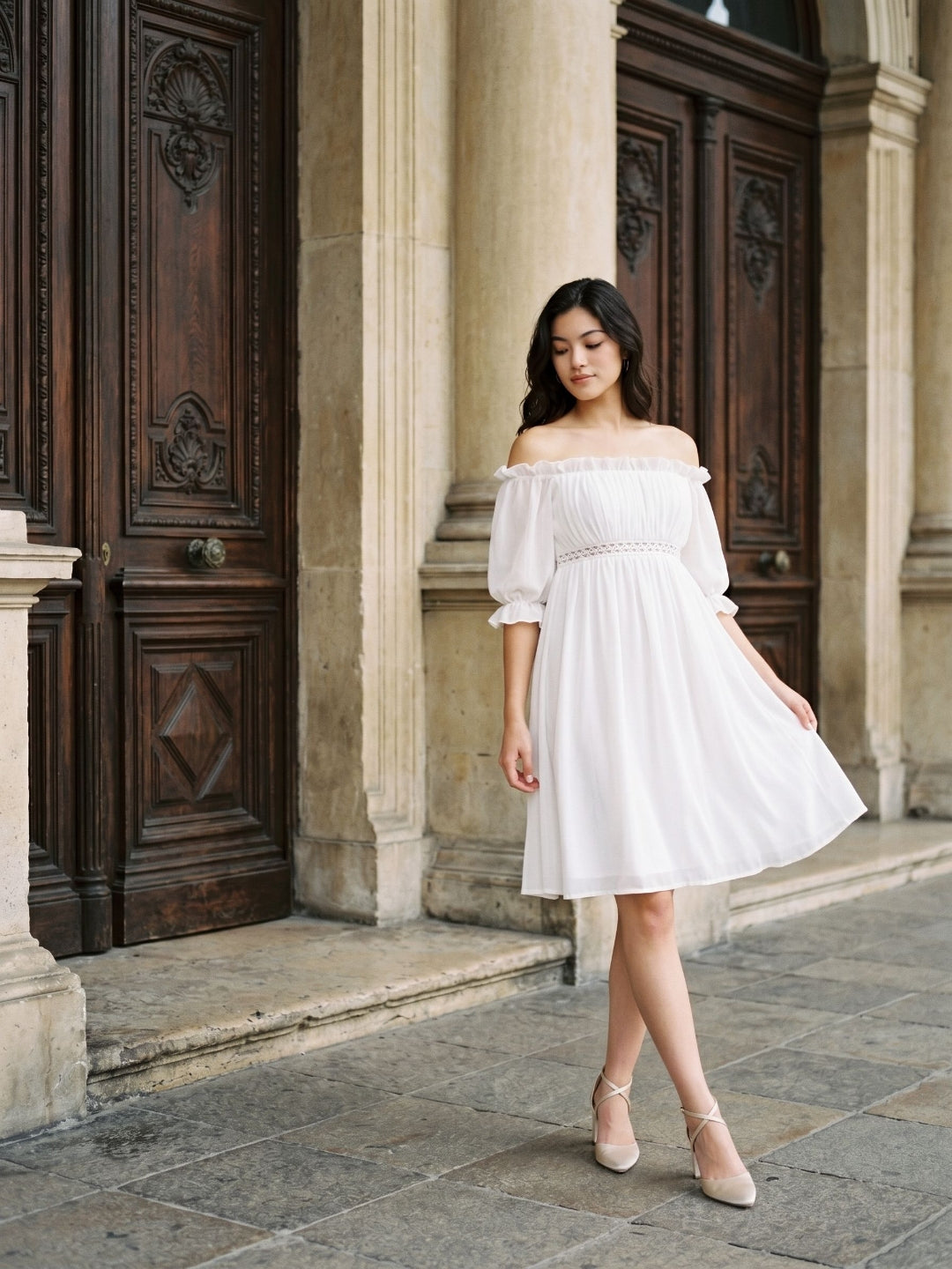 White Chiffon A-Line Off-the-Shoulder Backless Mini Homecoming Dress with Ruffles - Curvevia