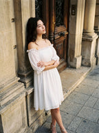 White Chiffon A-Line Off-the-Shoulder Backless Mini Homecoming Dress with Ruffles - Curvevia
