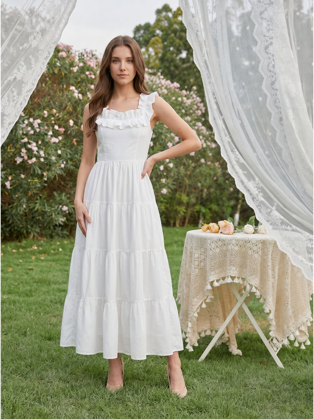 White Chiffon A-Line Scoop Neck Backless Ankle-Length Ruffle Bridesmaid Dress - Curvevia