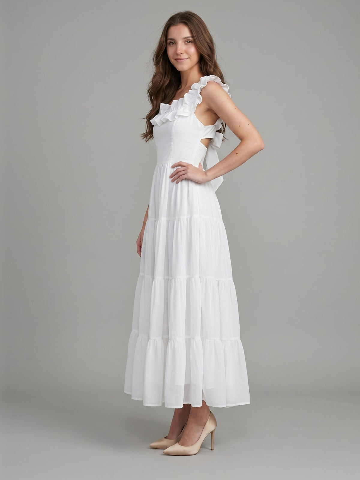 White Chiffon A-Line Scoop Neck Backless Ankle-Length Ruffle Bridesmaid Dress - Curvevia