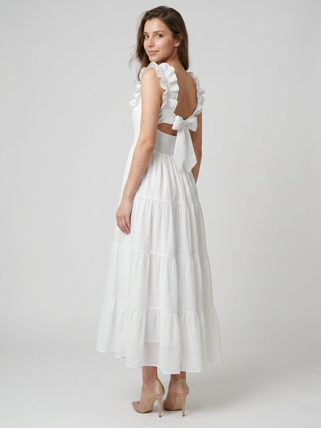 White Chiffon A-Line Scoop Neck Backless Ankle-Length Ruffle Bridesmaid Dress - Curvevia