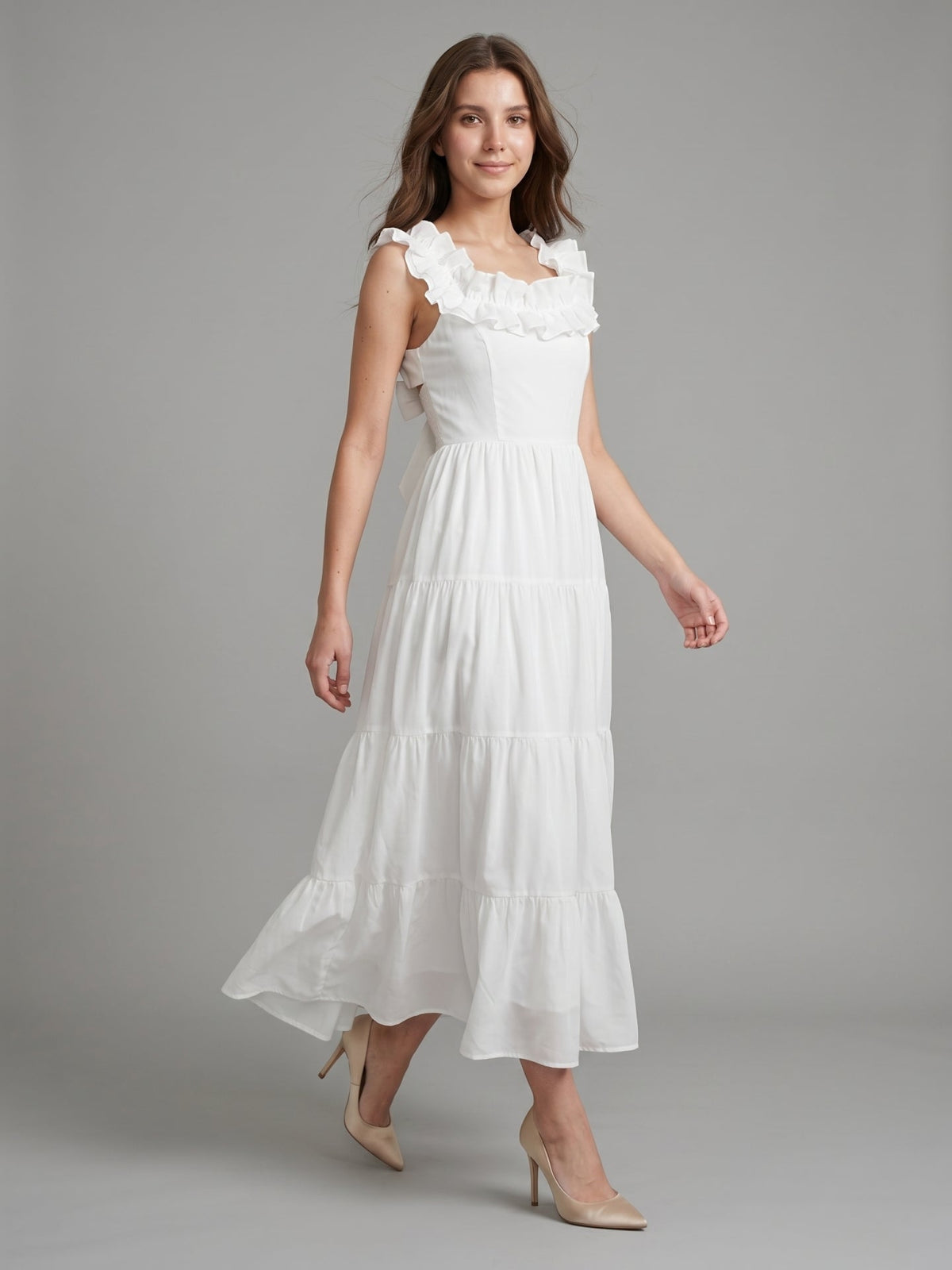 White Chiffon A-Line Scoop Neck Backless Ankle-Length Ruffle Bridesmaid Dress - Curvevia