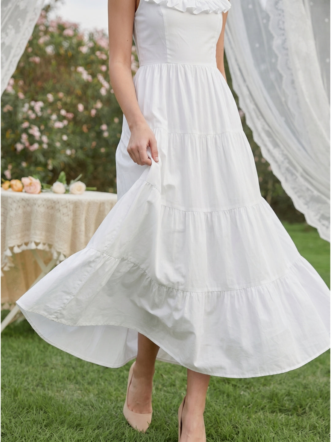 White Chiffon A-Line Scoop Neck Backless Ankle-Length Ruffle Bridesmaid Dress - Curvevia