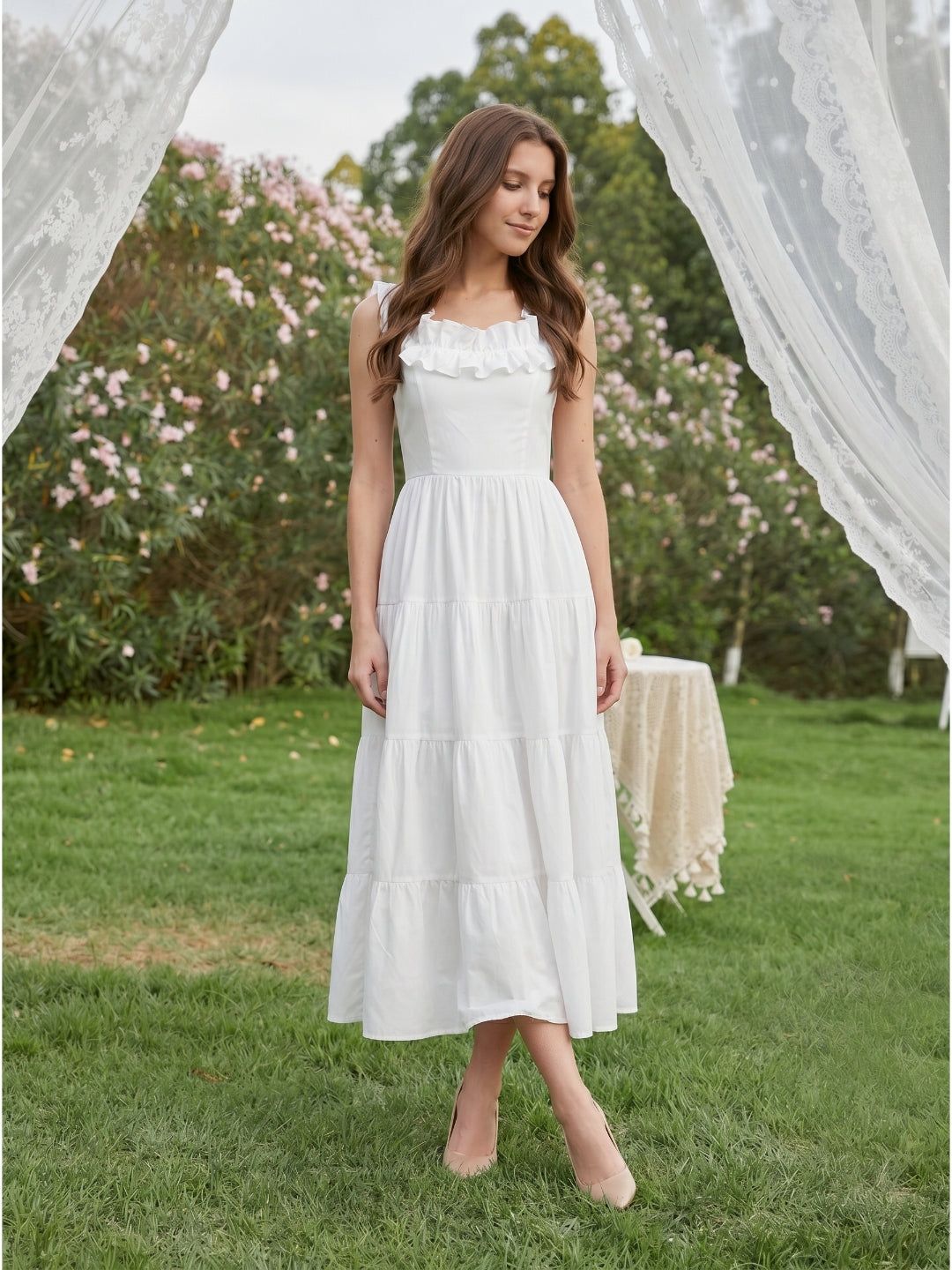 White Chiffon A-Line Scoop Neck Backless Ankle-Length Ruffle Bridesmaid Dress - Curvevia