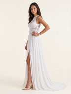 White Chiffon A-Line Scoop Neck Illusion Floor-Length Wedding Dress - Curvevia