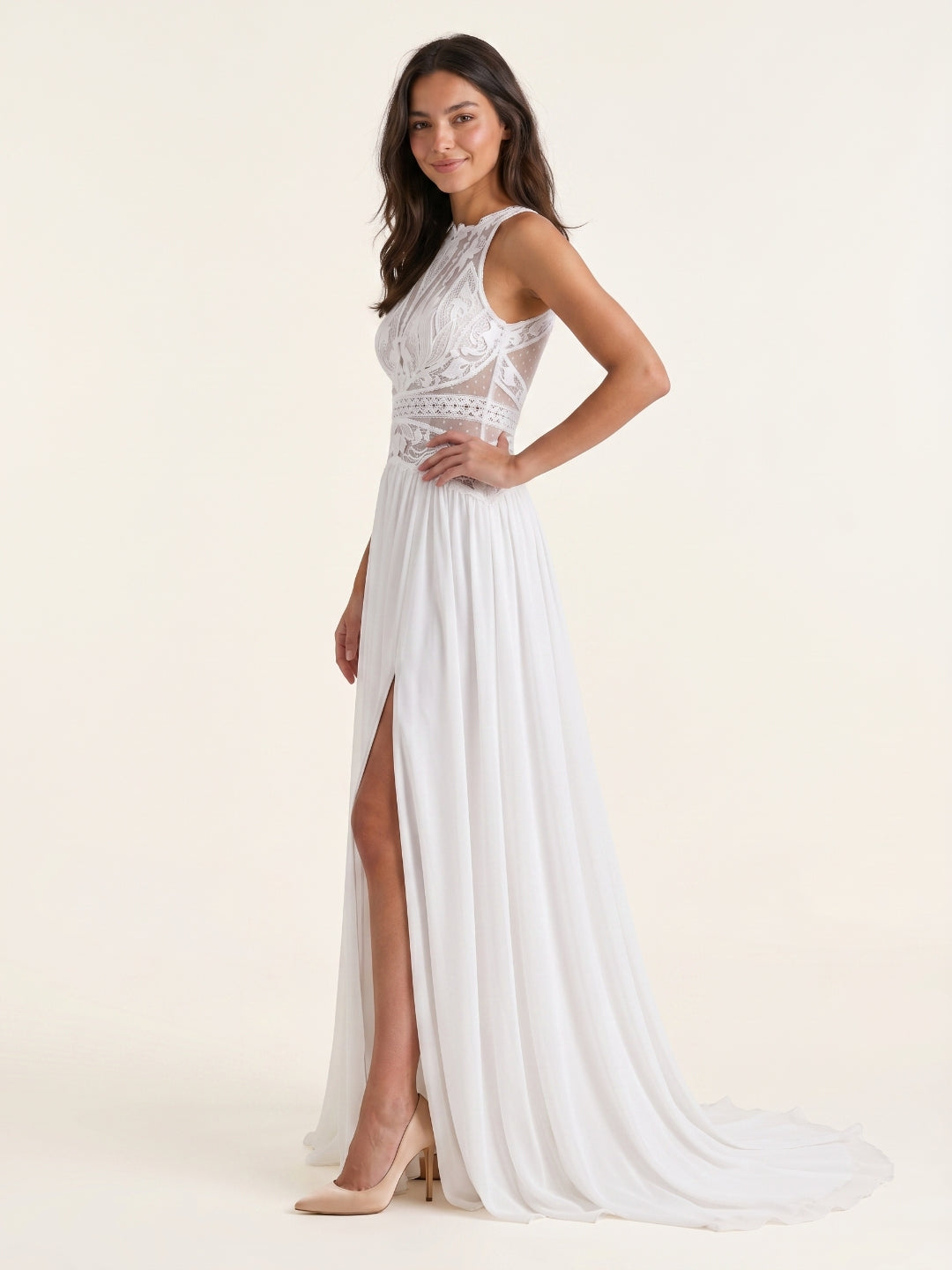 White Chiffon A-Line Scoop Neck Illusion Floor-Length Wedding Dress - Curvevia