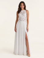 White Chiffon A-Line Scoop Neck Illusion Floor-Length Wedding Dress - Curvevia