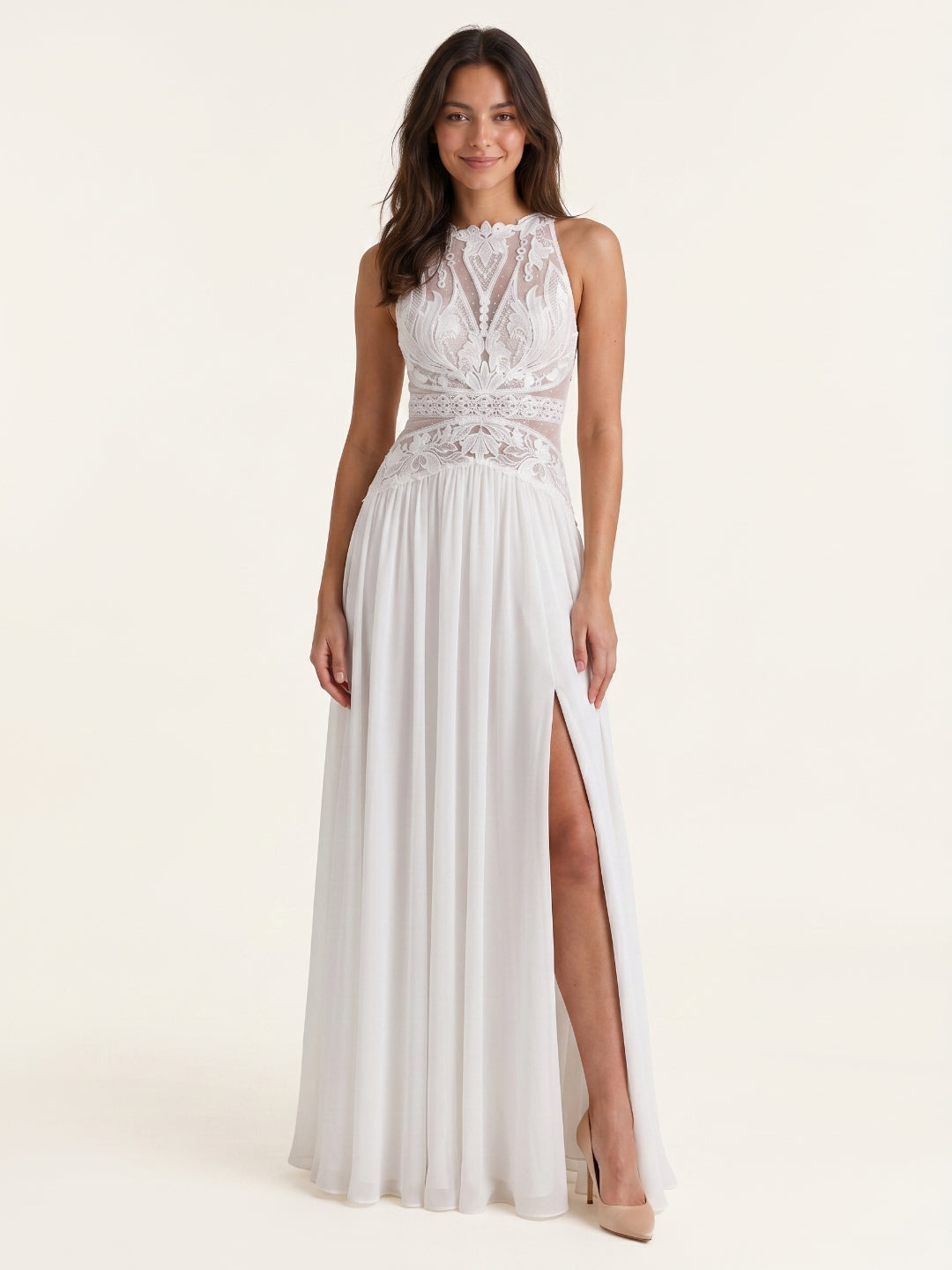 White Chiffon A-Line Scoop Neck Illusion Floor-Length Wedding Dress - Curvevia