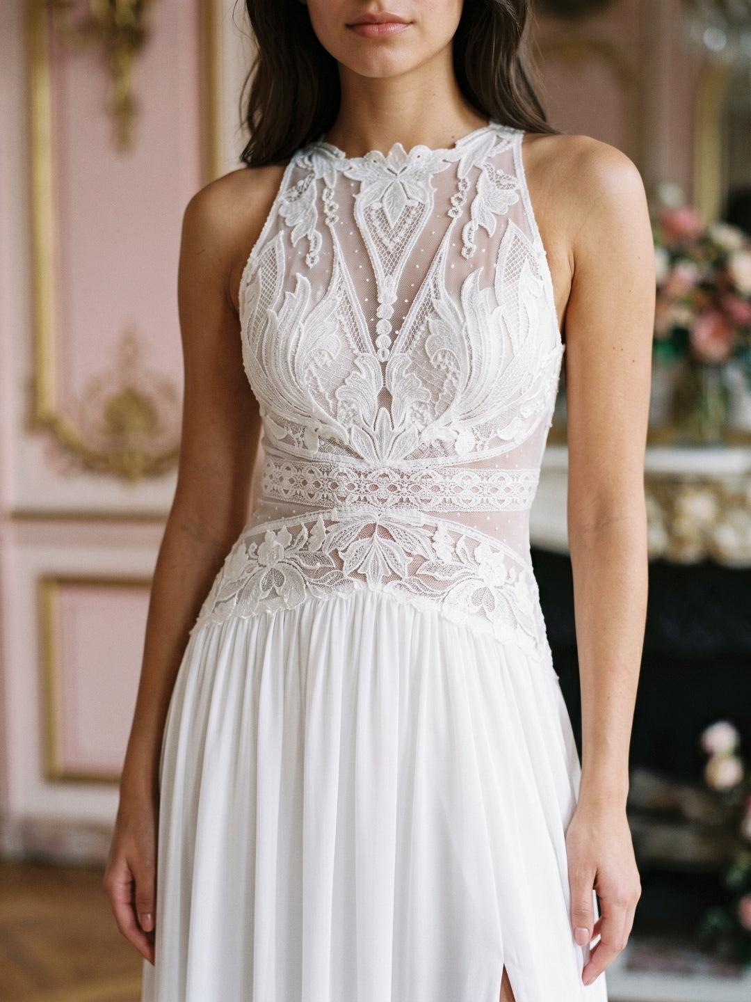 White Chiffon A-Line Scoop Neck Illusion Floor-Length Wedding Dress - Curvevia