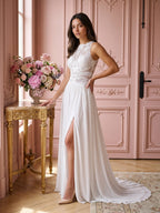 White Chiffon A-Line Scoop Neck Illusion Floor-Length Wedding Dress - Curvevia