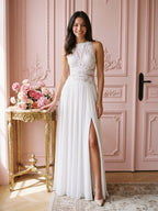 White Chiffon A-Line Scoop Neck Illusion Floor-Length Wedding Dress - Curvevia