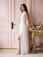 White Chiffon A-Line Scoop Neck Illusion Floor-Length Wedding Dress - Curvevia