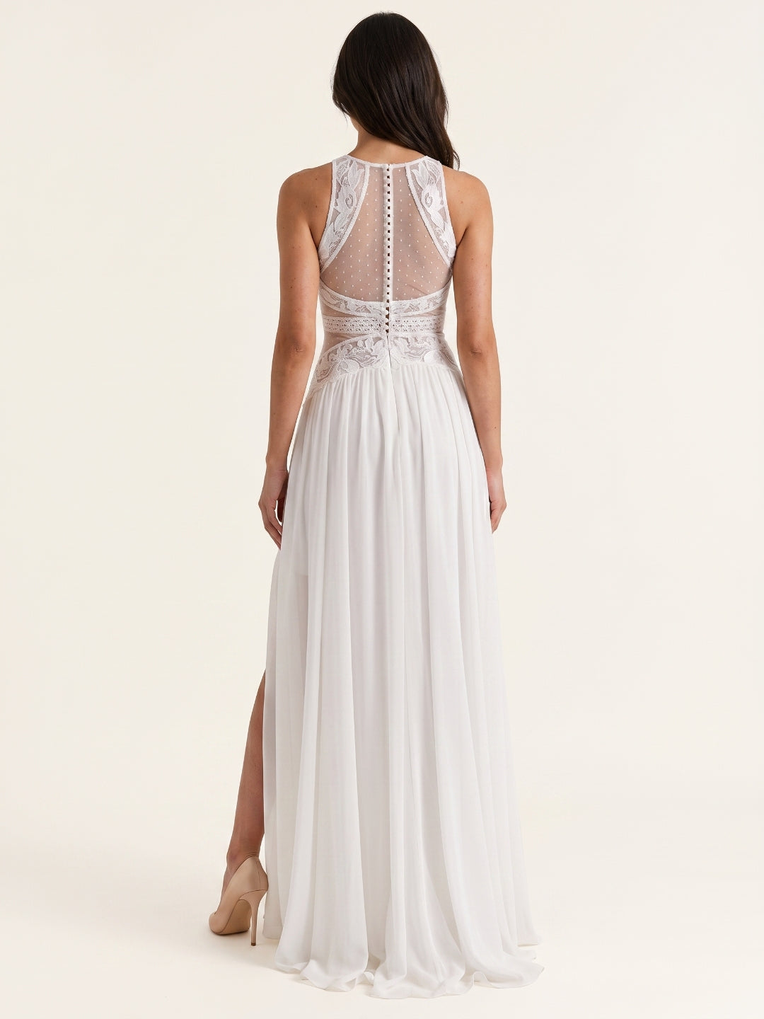 White Chiffon A-Line Scoop Neck Illusion Floor-Length Wedding Dress - Curvevia