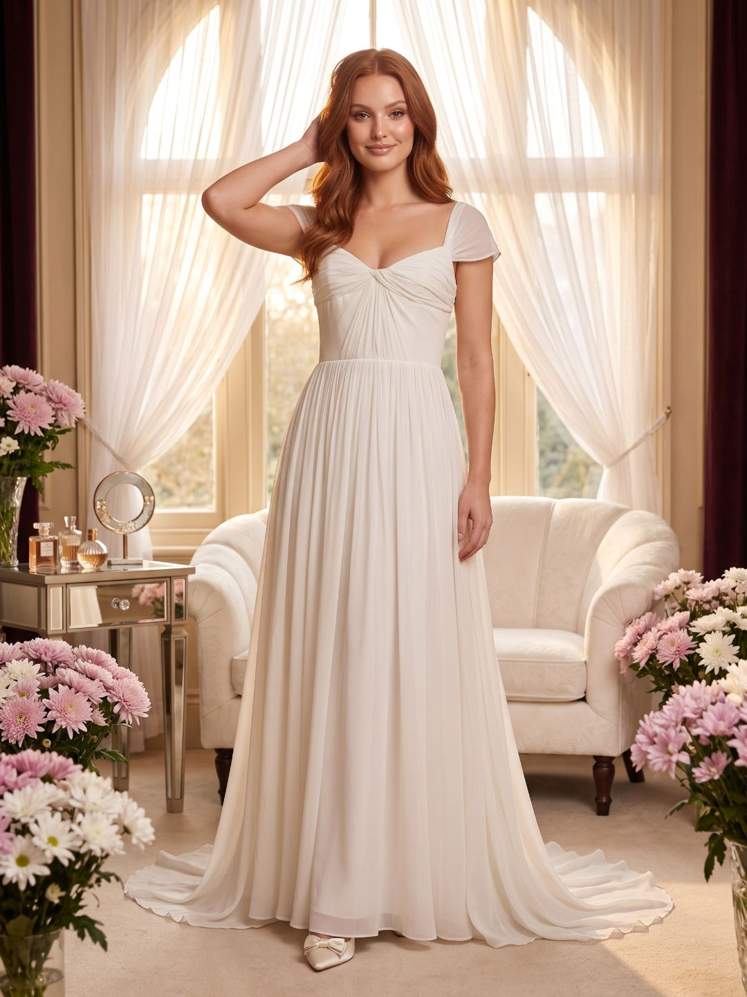 White Chiffon A-Line Square Neck Backless Floor-Length Prom Dress - Curvevia