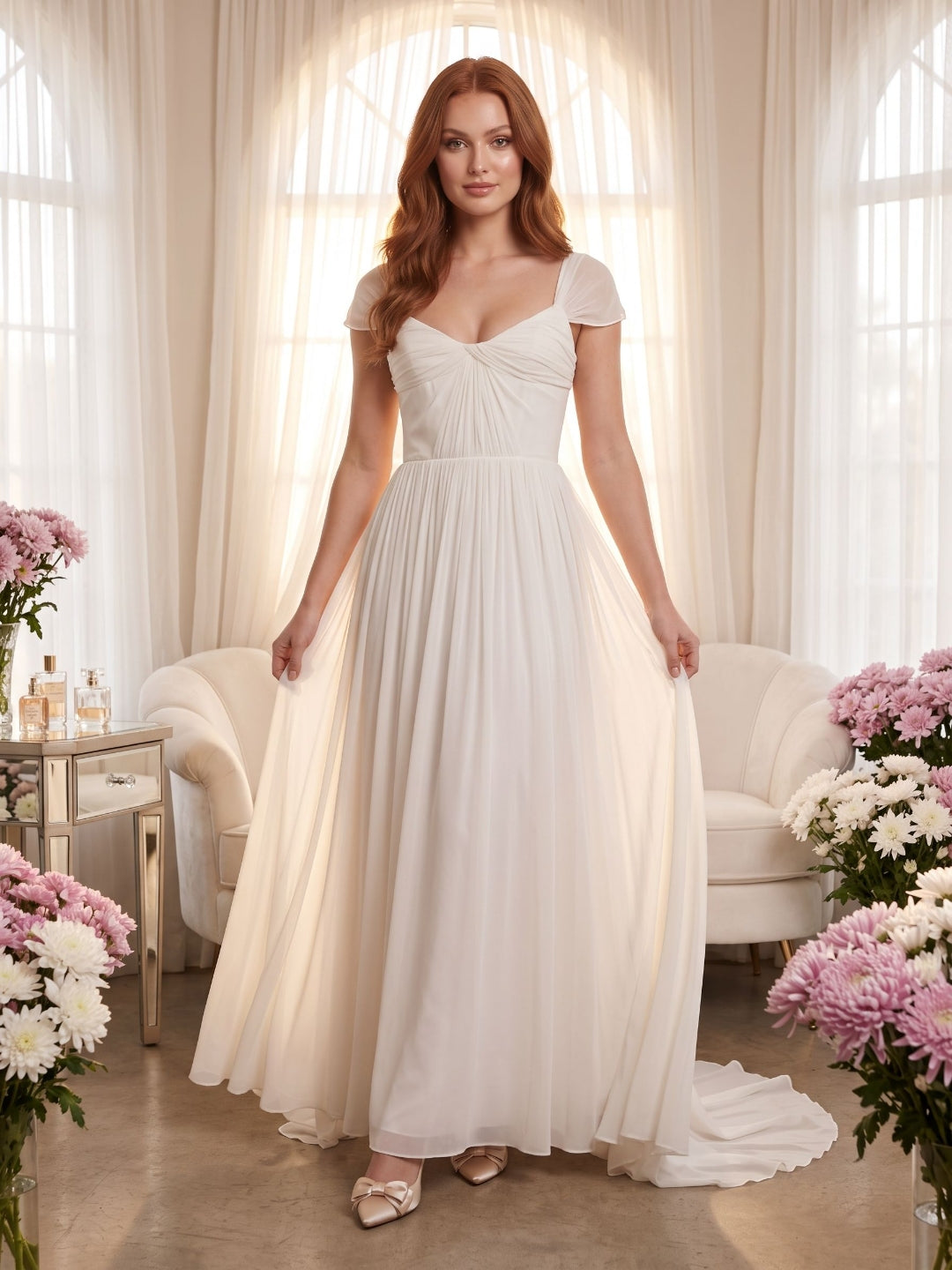 White Chiffon A-Line Square Neck Backless Floor-Length Prom Dress - Curvevia