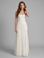 White Chiffon A-Line Square Neck Corset Back Floor-Length Bridesmaid Dress with Pleated Details - Curvevia