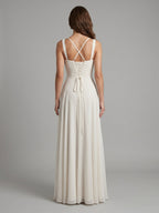 White Chiffon A-Line Square Neck Corset Back Floor-Length Bridesmaid Dress with Pleated Details - Curvevia