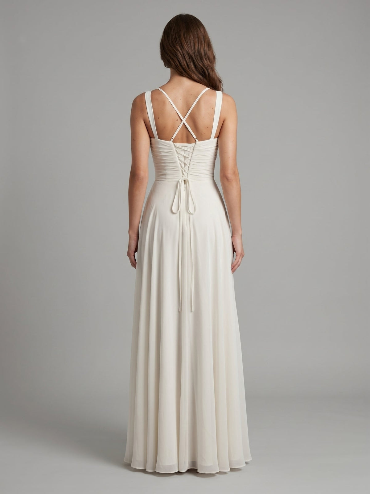 White Chiffon A-Line Square Neck Corset Back Floor-Length Bridesmaid Dress with Pleated Details - Curvevia