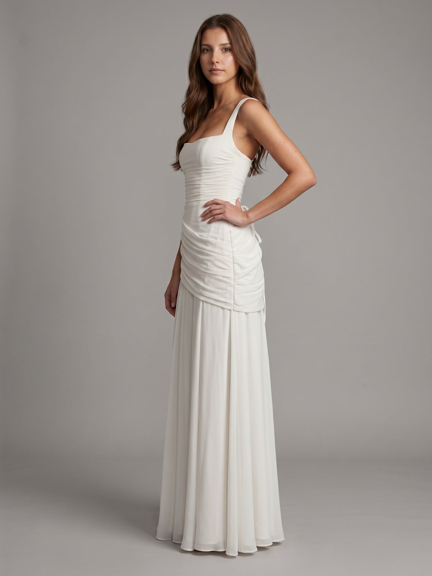 White Chiffon A-Line Square Neck Corset Back Floor-Length Bridesmaid Dress with Pleated Details - Curvevia