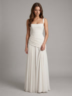 White Chiffon A-Line Square Neck Corset Back Floor-Length Bridesmaid Dress with Pleated Details - Curvevia