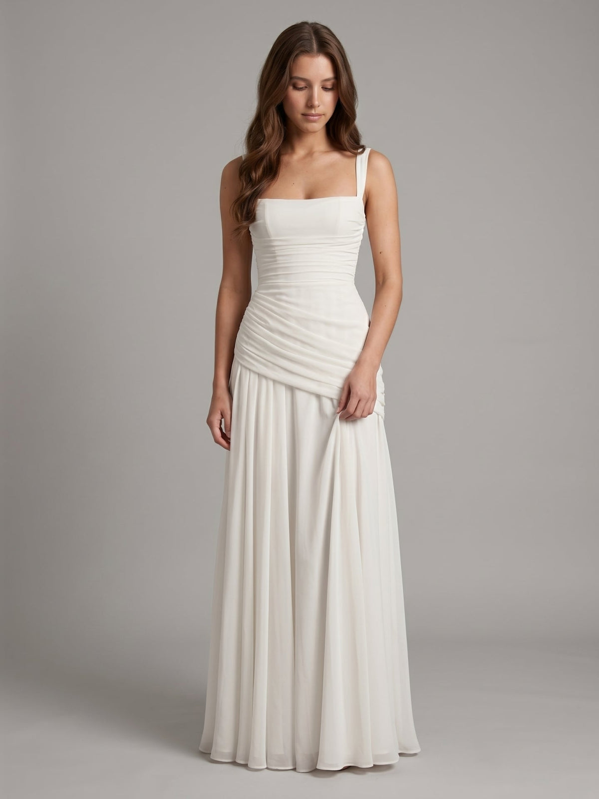 White Chiffon A-Line Square Neck Corset Back Floor-Length Bridesmaid Dress with Pleated Details - Curvevia