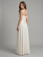 White Chiffon A-Line Square Neck Corset Back Floor-Length Bridesmaid Dress with Pleated Details - Curvevia