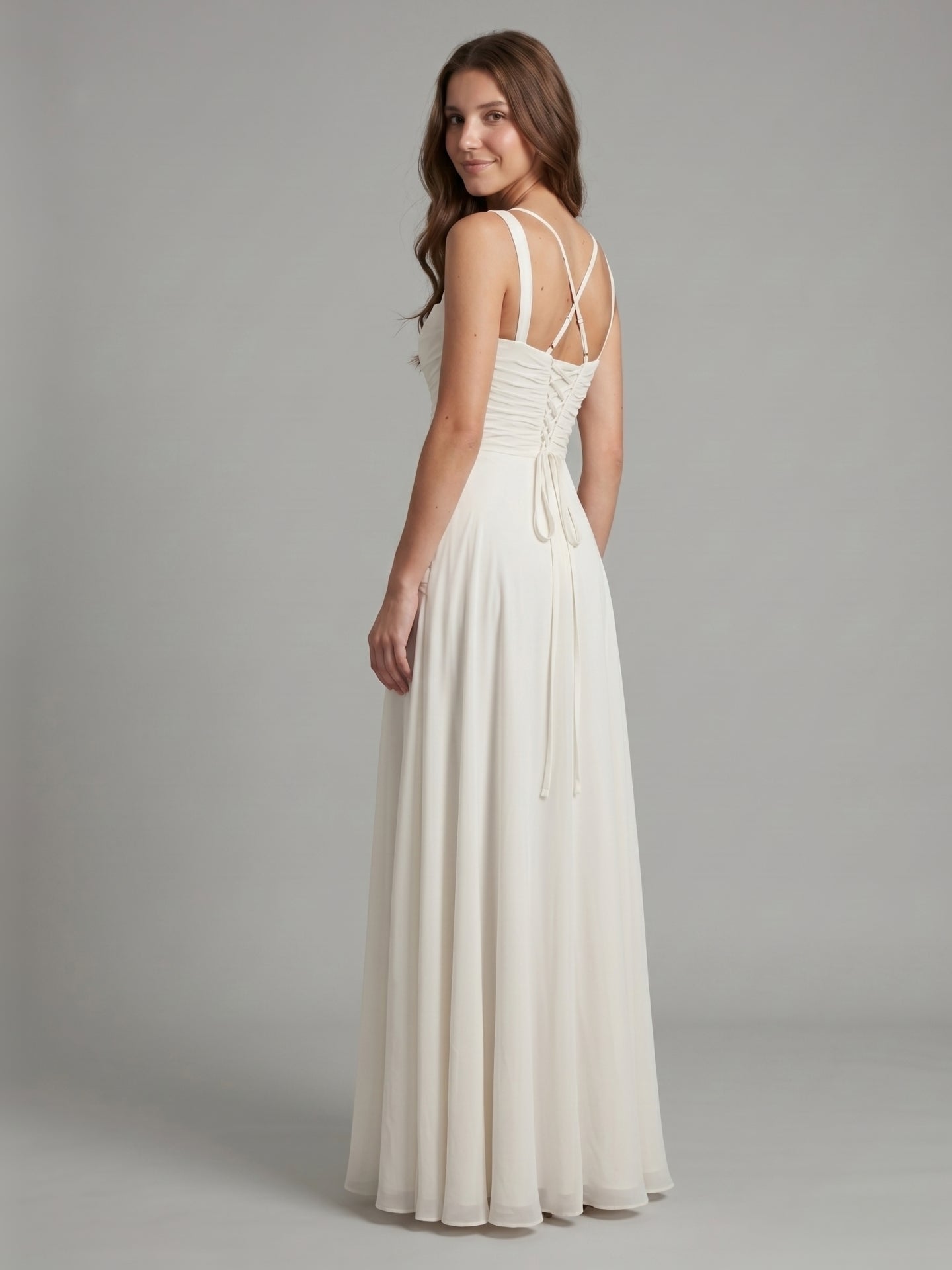 White Chiffon A-Line Square Neck Corset Back Floor-Length Bridesmaid Dress with Pleated Details - Curvevia
