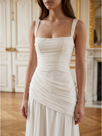 White Chiffon A-Line Square Neck Corset Back Floor-Length Bridesmaid Dress with Pleated Details - Curvevia